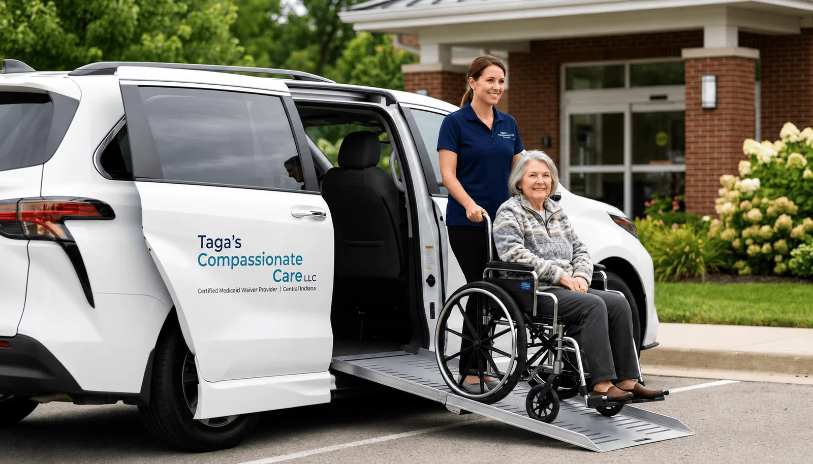 A TAGA’S Compassionate Care wheelchair-accessible van with its ramp lowered and an attendant assisting a passenger