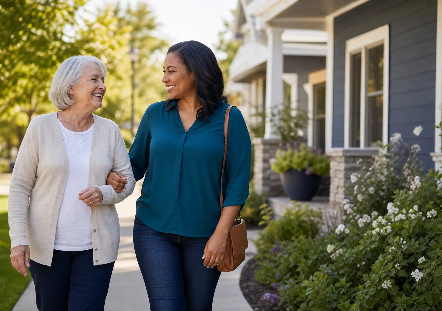 Support person walking with an older adult outside a home