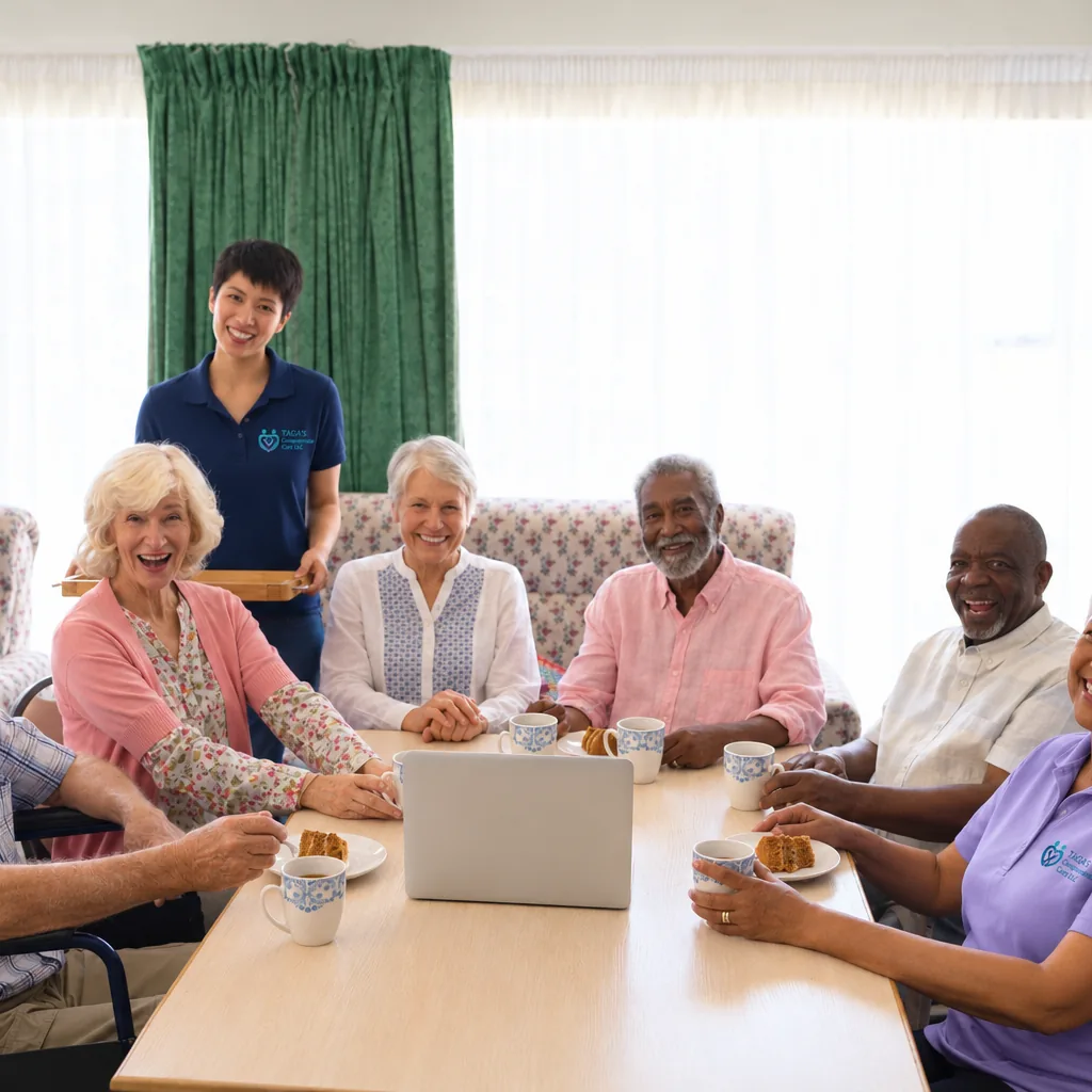 Older adults and support workers round a table with coffee