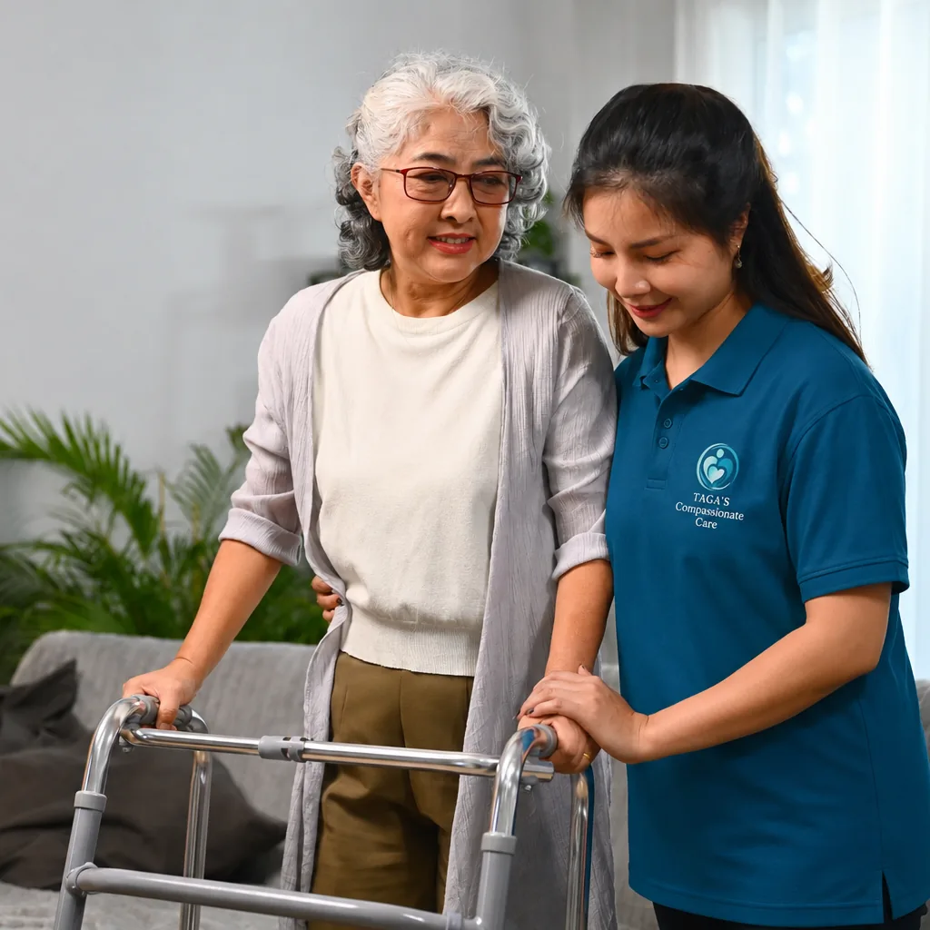 A support worker in a branded polo steadying an older woman on a walker